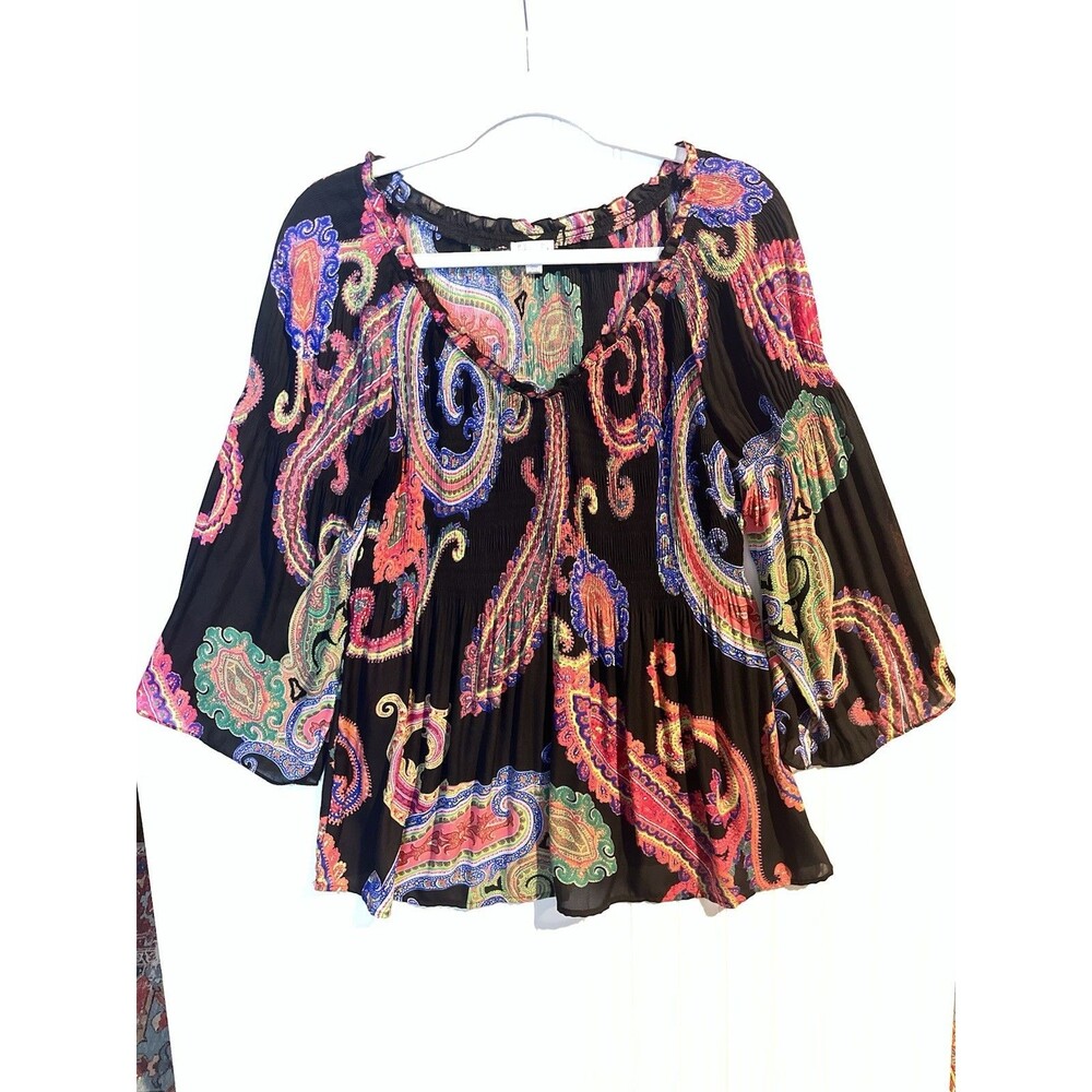 Spense Women’s Colorful Boho Peasant Style Blouse Bell Sleeve Elastic Neck Small
